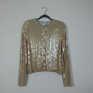 VTG Worth New York Champagne Silk Sequin Long Sleeve Cardigan M Party Holiday